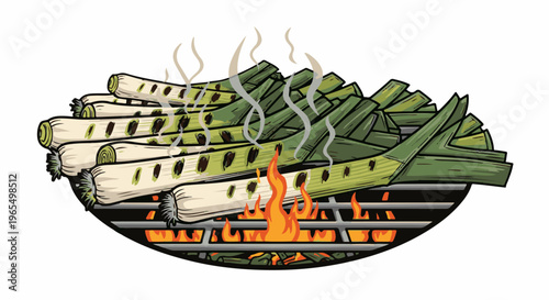 Grilled green and white vegetables cooking on a barbecue