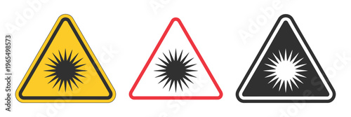 Laser, warning icon set featuring editable stroke style symbols, hazard and radiation beam concept, modern outline vector illustration collection for safety signage, apps, websites, and digital design