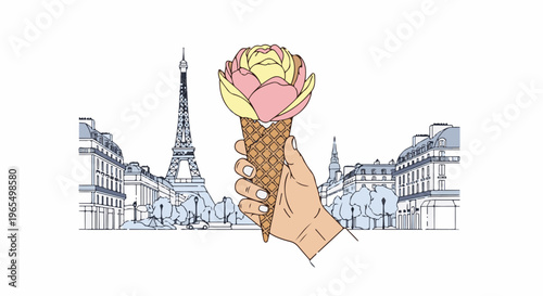 Hand holding an ice cream cone in front of Parisian cityscape