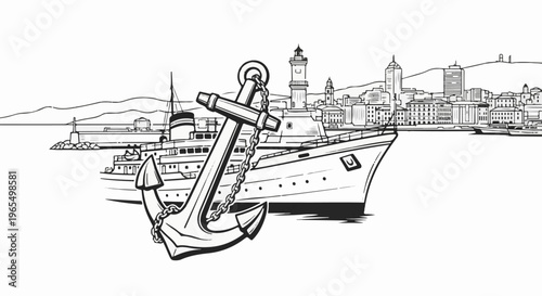 Nautical scene with a large anchor in the foreground, ships, and a city skyline