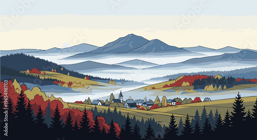 Pixel art autumn village nestled in misty, layered blue mountains