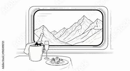 Luxurious train journey with champagne and pastries, overlooking majestic mountains