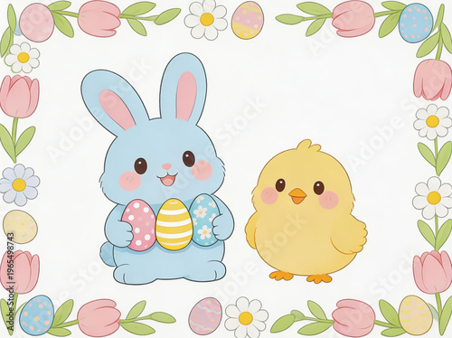 Cute Easter bunny and chick with eggs in a pastel flower frame.