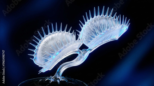 Close-up of a bioluminescent Venus flytrap made of translucent glass against a dark background.
