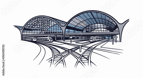 Modern train station with curved roofs, tracks, and sleek trains