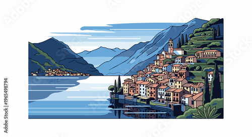 Pixelated Italian lakeside village with distant blue mountains and calm water