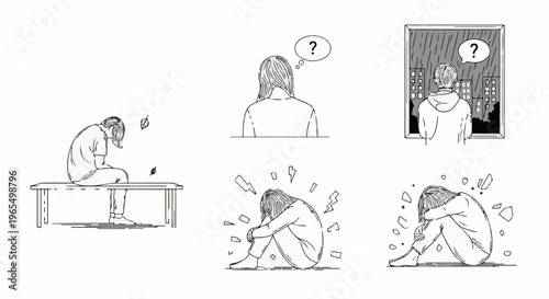 Solitary figures depicted in various states of contemplation and distress