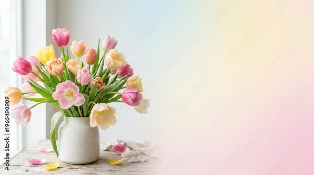 Fototapeta premium Soft pastel tulips in a ceramic vase on a wooden table, a gentle spring bouquet