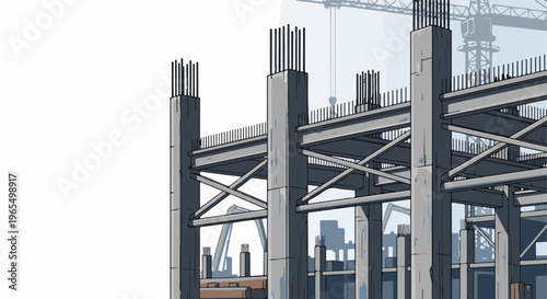 Stylized drawing of a building under construction with cranes