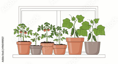 Potted tomato and cucumber plants grow on a windowsill, ready for harvest