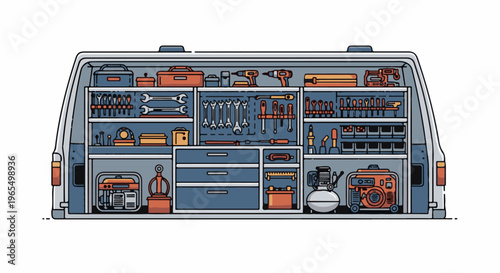 Rear view of a service van interior, fully stocked with tools and equipment
