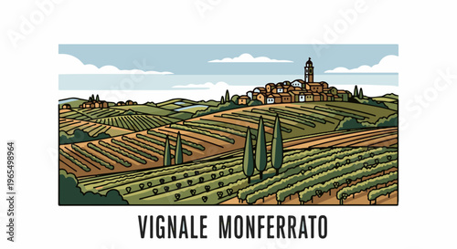 Rolling hills with a village atop, vineyards below