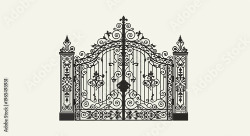 Ornate wrought iron gate with decorative scrollwork and filigree