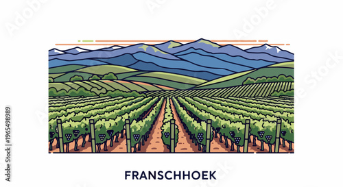 Rolling vineyards stretch towards a distant, majestic mountain range under a colorful sky