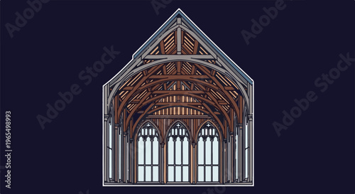 Ornate wooden roof beams and arched gothic windows of an interior