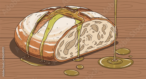 Rustic bread with a generous drizzle of olive oil on a wooden surface