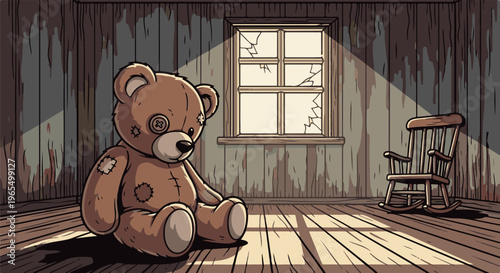 Sad teddy bear sits alone in a rundown room with a rocking chair