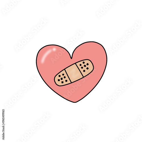 Cute Heart with Bandage Cartoon Illustration Healing Love Medical Patch Vector