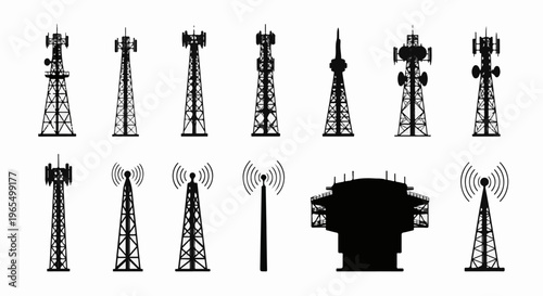 Silhouettes of various communication towers and antennas