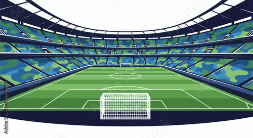 Pixelated soccer stadium with green field and blue/green seats
