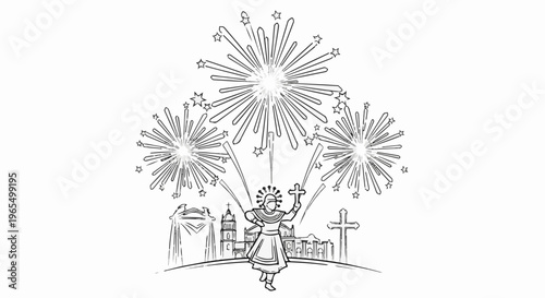 Sketch of a person holding a cross with fireworks over a town