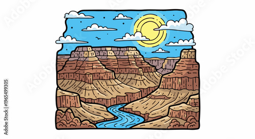 Stylized canyon carved by river under a bright sun and cloudy sky