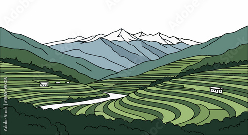 Verdant mountain terraces carved by a winding river, with snow-capped peaks