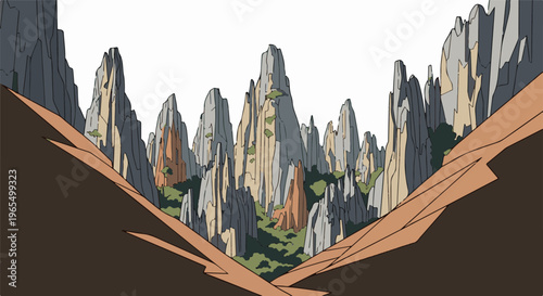 Stylized canyon with towering rock formations and verdant green patches