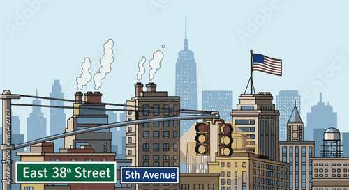 Stylized city skyline with street signs, flag, and smoke stacks