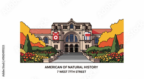 Stylized facade of a grand natural history museum with autumnal trees and flowers