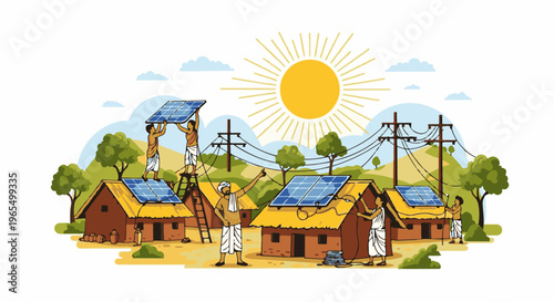 Rural community installs solar panels under a bright sun