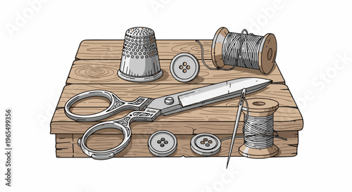 Vintage sewing tools including scissors, thimble, buttons, and thread spools on wood