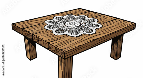 Rustic wooden table with ornate white lace doily on top