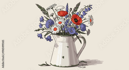 Rustic white pitcher overflowing with vibrant wildflowers and greenery