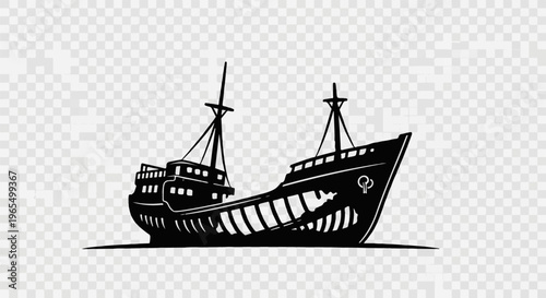 Silhouette of a historic ship with two masts, sailing on water