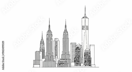 Stylized black and white line drawing of a city skyline featuring iconic tall buildings