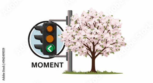 Traffic light signals caution near a blooming cherry blossom tree