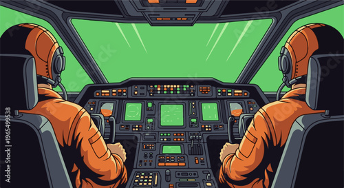 Two pilots in orange suits in a pixelated aircraft cockpit