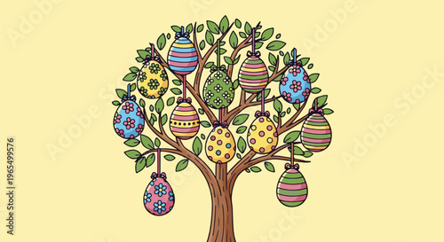 Whimsical tree adorned with vibrantly patterned Easter eggs