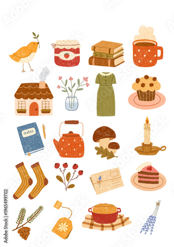 Cozy cottage core illustrative sticker sheet with tea mug jam jars dress house flowers and baked treats hand drawn pencil texture.