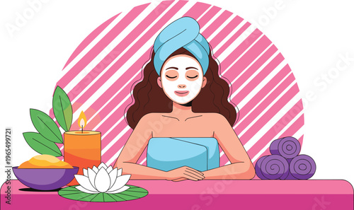 Spa Treatment Vector Illustration Featuring a Woman with a Facial Mask, Candles, Lotus Flower, and Towels for Relaxation and Wellness Designs