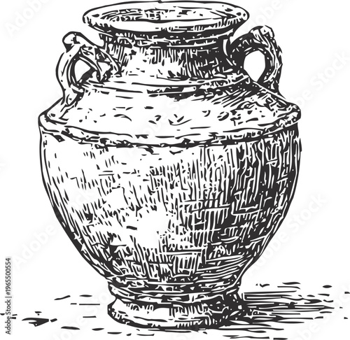 Antique ceramic vase with handles hand drawn vintage pottery jar in black ink sketch