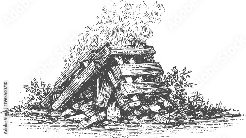wooden pallets burning with smoke and flames outdoor fire pile with rough stacked planks and debris