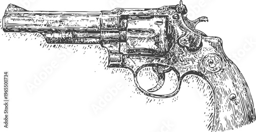 Vintage revolver illustration detailed hand drawn old western six shooter firearm, classic weapon engraving