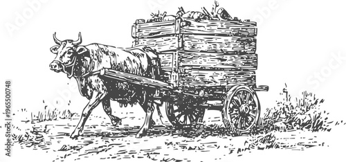 Ox pulling wooden cart loaded with hay in a rural field traditional farming animal transport with rustic countryside background