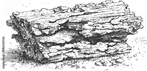 Detailed vintage illustration of layered rock formation with textured surface and loose fragments