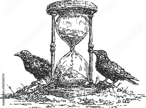 Vintage hourglass with sand and two ravens perched nearby detailed black and white engraving