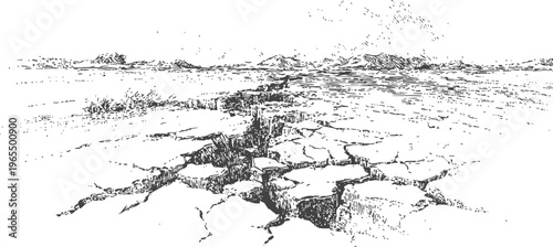 Dry cracked earth landscape with deep fissures and distant hills in black and white sketch