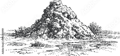 Termite mound in dry landscape with sparse vegetation, detailed hand drawn natural illustration