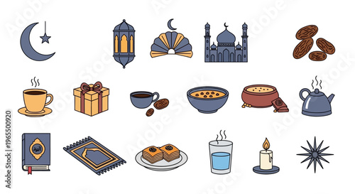 Ramadan and Eid Islamic Culture Line Art Icon Set with Mosque, Lantern, and Traditional Food Symbols